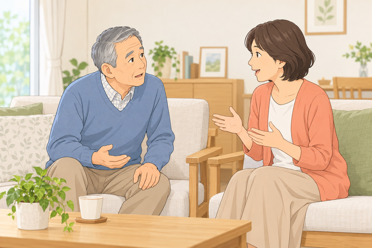 家族との会話で言葉を聞き返すシニア男性